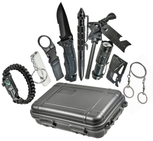 Zestaw przetrwania survival opaska nóż latarka kubotan krzesiwo piła karta 